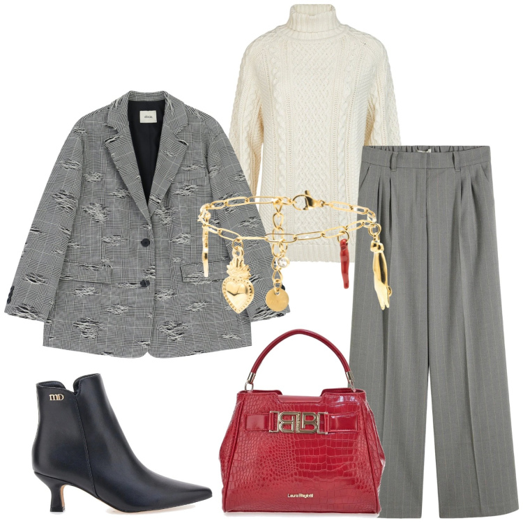 Outfit donna - Total look #2336907. Stile Casual chic per Ufficio. Abbinamento con pantaloni a palazzo, blazer, braccialetti, stivaletti, maglieria, borse a mano.
