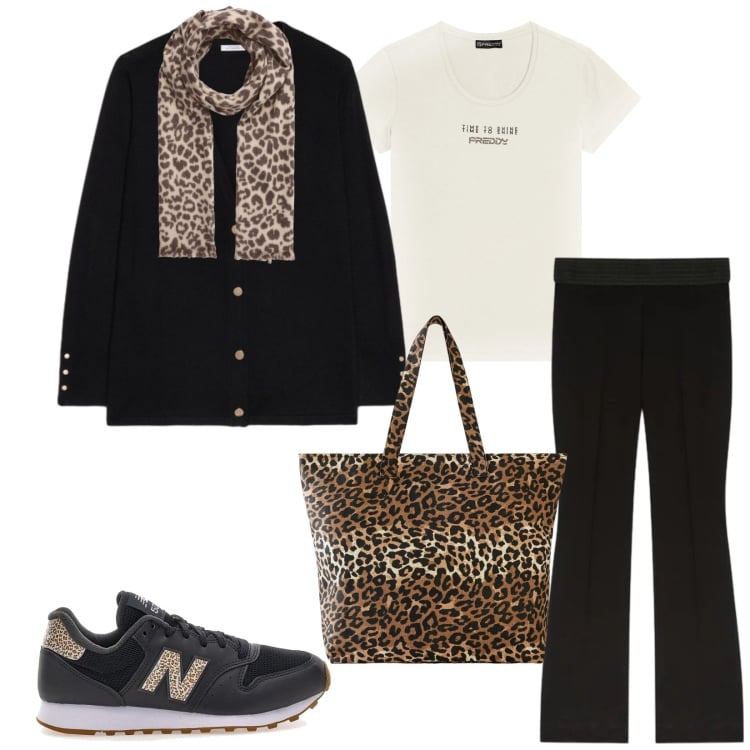 Outfit donna - Total look #2336909. Stile Sporty chic per Tutti i giorni. Abbinamento con shopping bag, sciarpe, t-shirt, sneakers, cardigans, pantaloni.
