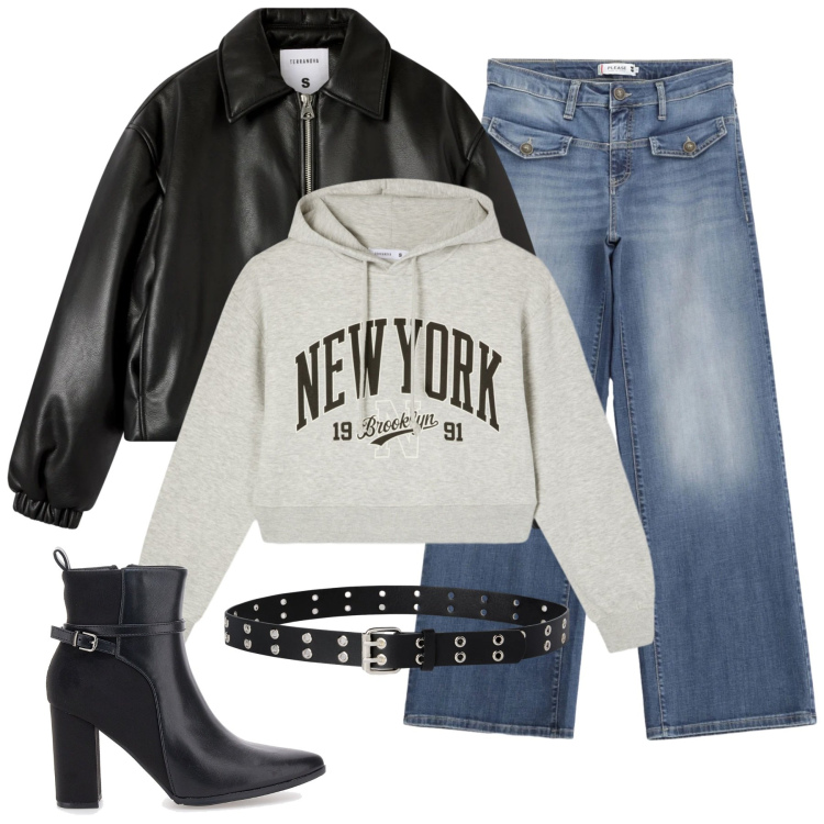 Outfit donna - Total look #2336910. Stile Urban per Tutti i giorni. Abbinamento con felpe con cappuccio, cinture, bomber, jeans, stivaletti.