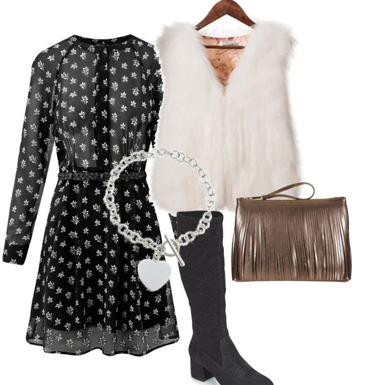 Outfit donna - Total look #233698. Abbinamento con stivali nero, vestito mini con cintura e stampa chiffon taglia media nero, gilet, bracciale, pochette fantasia con frange e zip.