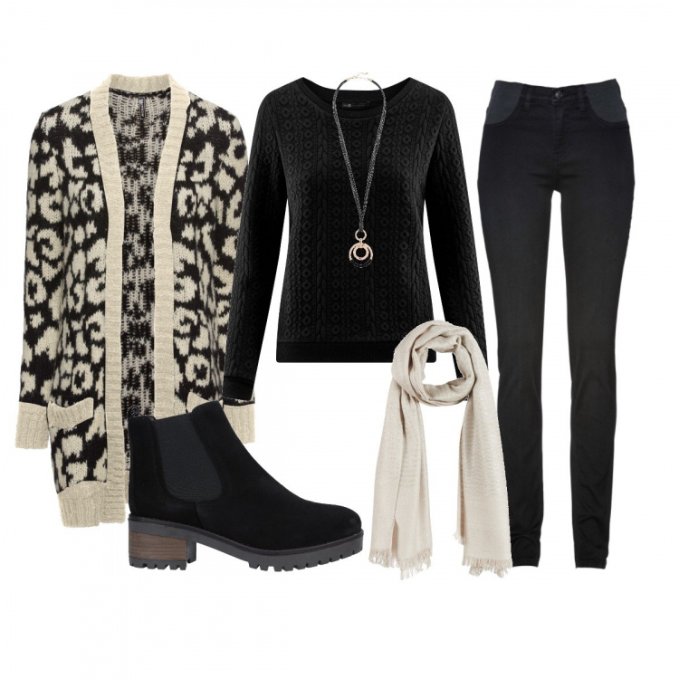 Outfit donna - Caffé tra amiche. Stile Urban per Tutti i giorni. Abbinamento con jeans skinny, cardigan beige e corda, collana lunga oro, stivaletti chelsea con suola carrarmata fantasia effetto scamosciato con tacco geometrico e punta tonda, sciarpa beige, maglione nero.