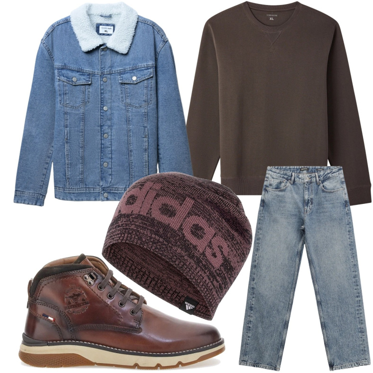Outfit uomo - Denim e cioccolato. Stile Casual per Tutti i giorni. Abbinamento con jeans dritti, giacche, felpe, berretti, stivali e stivaletti.