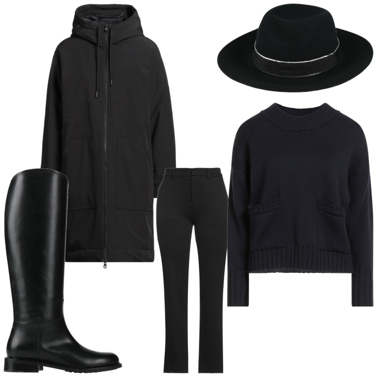 Outfit donna - British. Stile Casual chic per Serata fuori. Abbinamento con pantaloni, stivali, pullovers, cappelli, parka.