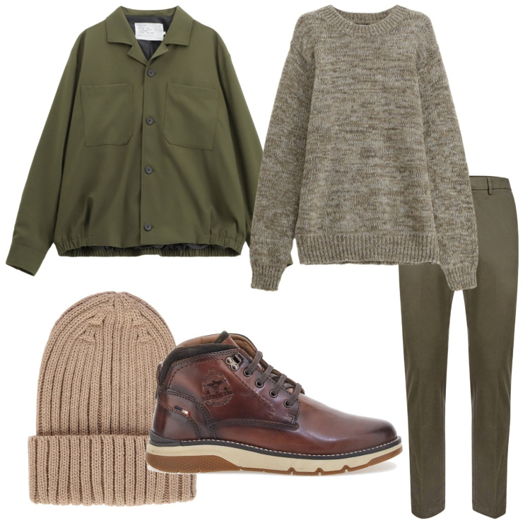 Outfit uomo - Il bomber verde oliva. Stile Trendy per Tutti i giorni. Abbinamento con cappotti, maglieria, stivali e stivaletti, pantaloni chino, berretti.
