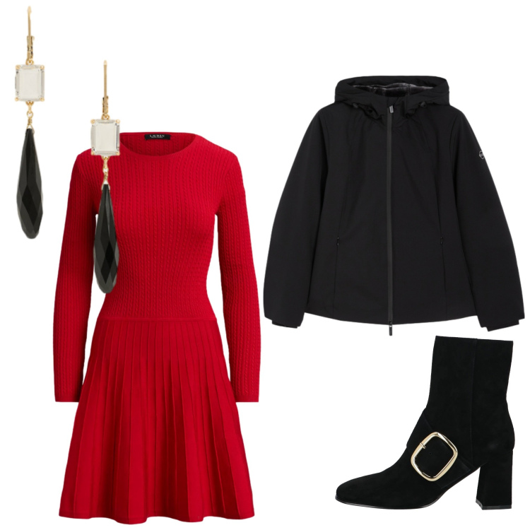 Outfit donna - Red dress. Stile Chic per Serata fuori. Abbinamento con stivaletti, bomber, vestiti, orecchini.