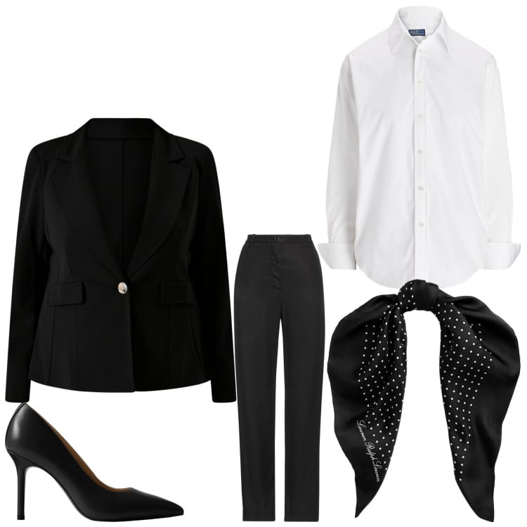 Outfit donna - Professionale. Stile Chic per Ufficio. Abbinamento con pantaloni, blazer, camicie, foulard, décolleté.