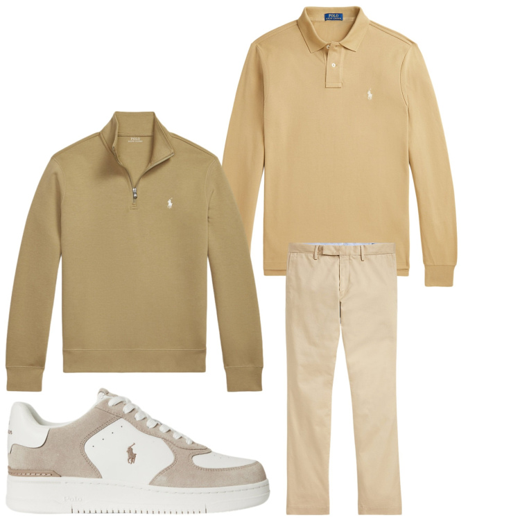 Outfit uomo - febbraio beige. Stile Casual per Tutti i giorni. Abbinamento con pantaloni chino, polo, sneakers, pullovers.