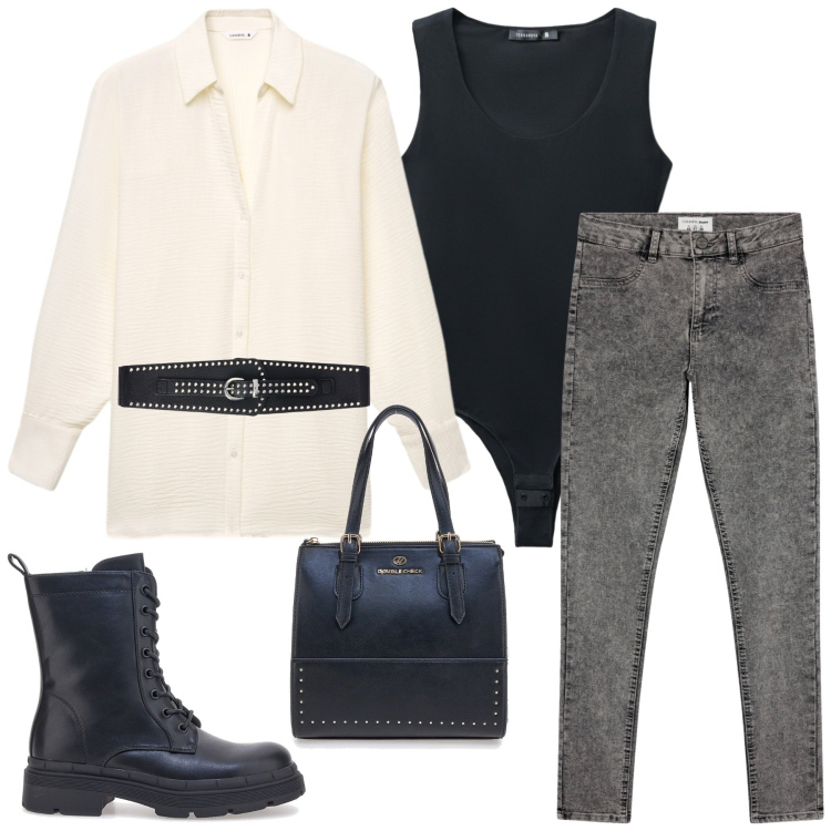 Outfit donna - Urban Cream Rebel. Stile Casual chic per Tutti i giorni. Abbinamento con body, jeggings, cinture, camicie, anfibi, borse a mano.