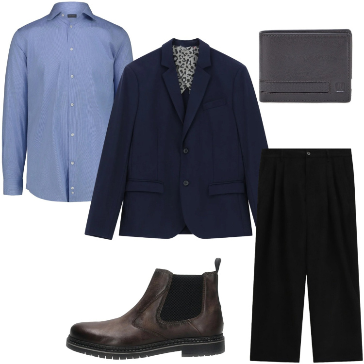 Outfit uomo - Elegante chic. Stile Casual per Ufficio. Abbinamento con pantaloni, giacche, camicie, portafogli, stivali e stivaletti.