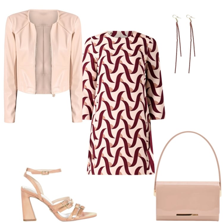 Outfit donna - Serata fuori. Stile Chic per Serata fuori. Abbinamento con pochette, giacche, vestiti, sandali col tacco, orecchini.