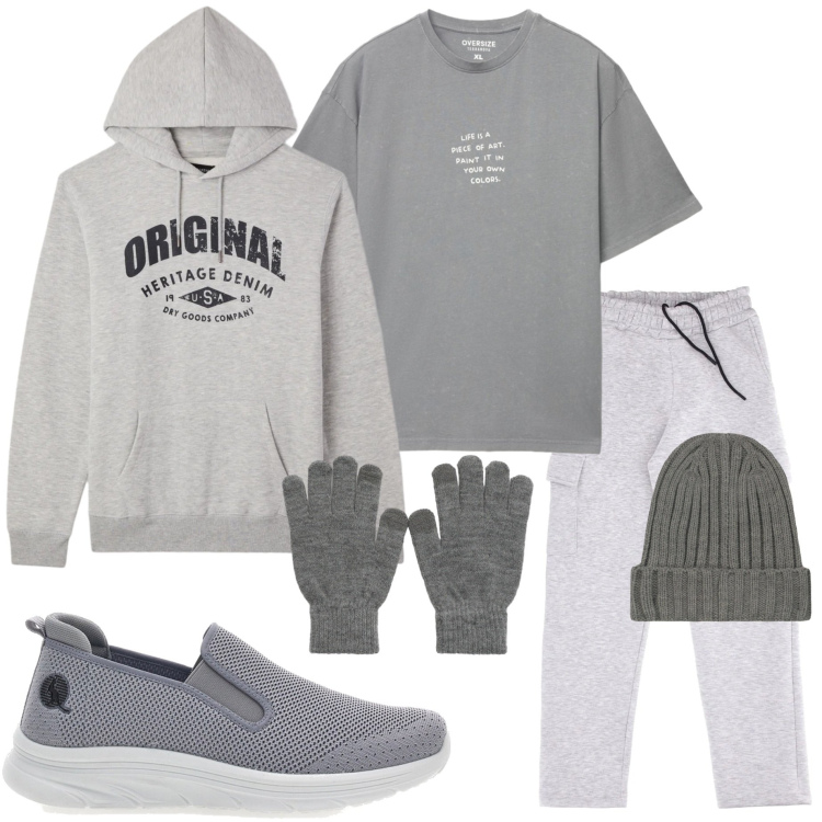 Outfit uomo - Corsa mattutina. Stile Casual per Sport. Abbinamento con guanti, t-shirt, felpe con cappuccio, sneakers, berretti, pantaloni cargo.