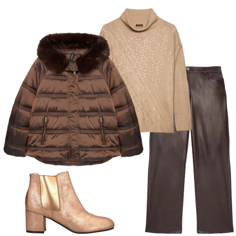 Outfit donna - In città. Stile Casual chic per Tutti i giorni. Abbinamento con stivaletti chelsea, maglieria, pantaloni, piumini.