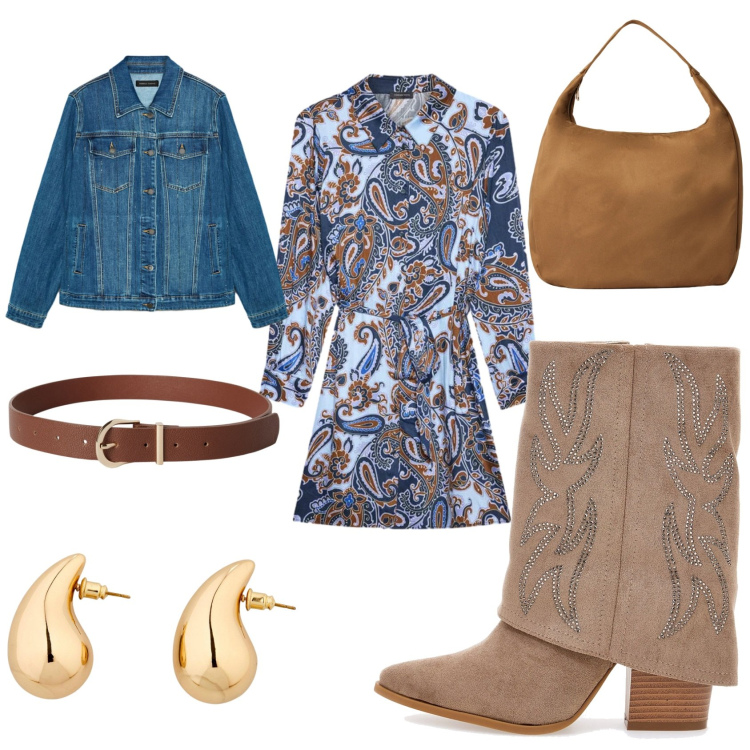 Outfit donna - Ricercato e comodo. Stile Boho per Tutti i giorni. Abbinamento con orecchini, cinture, borse a mano, vestiti chemisier, blazer, stivali.