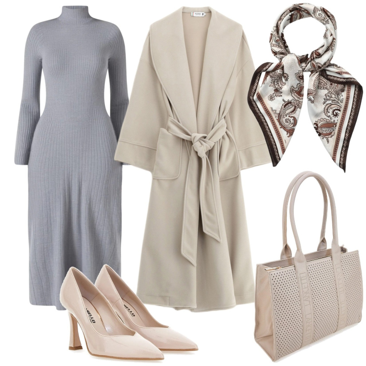 Outfit donna - Décolleté nude d\'inverno. Stile Bon Ton per Tutti i giorni. Abbinamento con foulard, cappotti, vestiti midi/longuette, décolleté, borse a spalla.