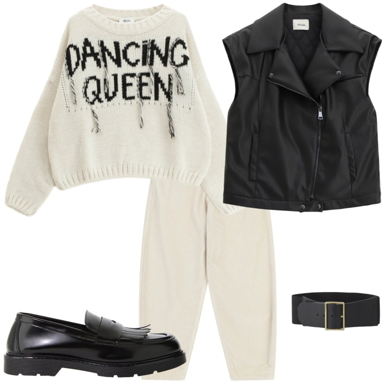 Outfit donna - Dancing Queen. Stile Casual chic per Serata fuori. Abbinamento con pantaloni, cinture, maglieria, gilet, mocassini.