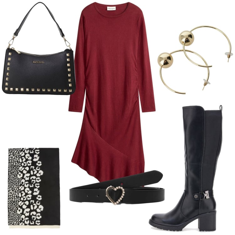 Outfit donna - Rock love. Stile Rock per Serata fuori. Abbinamento con vestiti asimmetrici, sciarpe, cinture, pochette, orecchini, stivali.