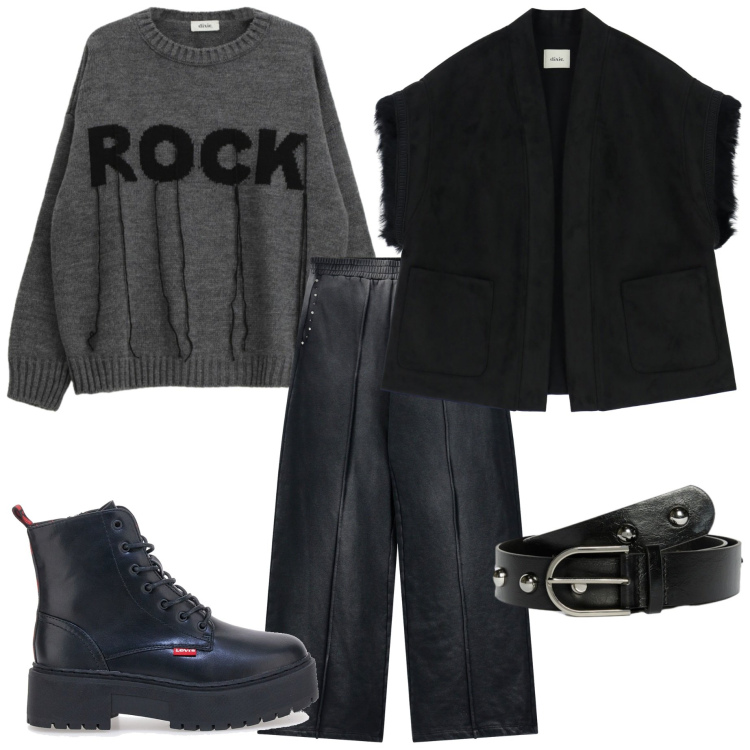 Outfit donna - Mi sento rock. Stile Casual chic per Serata fuori. Abbinamento con cinture, pantaloni a palazzo, maglieria, gilet, anfibi.
