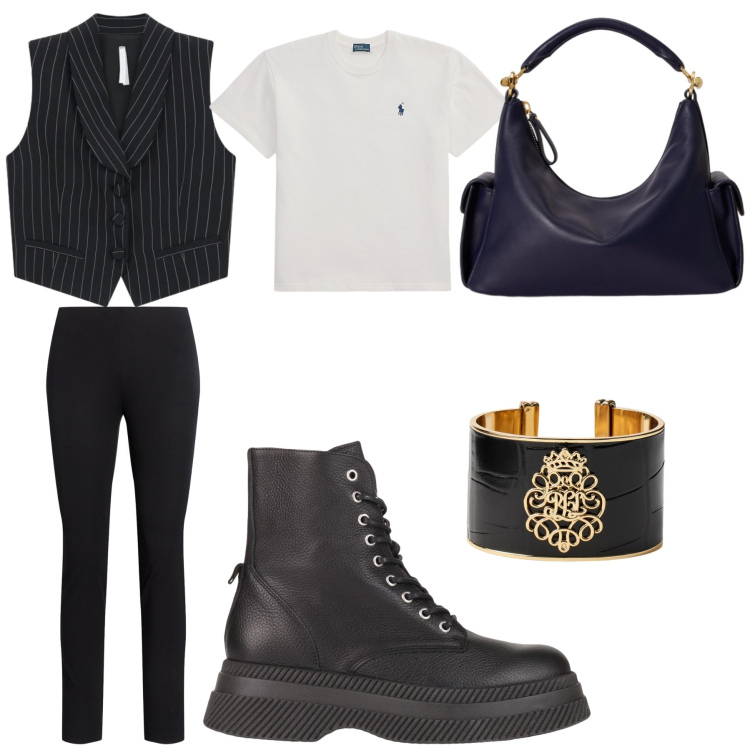 Outfit donna - Day of. Stile Casual chic per Tutti i giorni. Abbinamento con stivaletti, gilet, pantaloni skinny, t-shirt, braccialetti, borse a spalla.