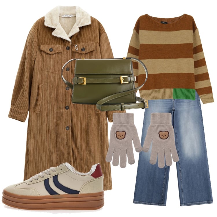 Outfit donna - Cappotto in velluto a coste. Stile 70s per Tutti i giorni. Abbinamento con borse a tracolla, maglieria, guanti, jeans, cappotti, sneakers.