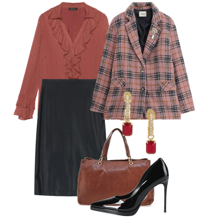 Outfit donna - San Valentino curvy mood - Focus Donna C. Stile Chic per Tutti i giorni. Abbinamento con décolleté, bluse, gonne longuette, blazer, orecchini, borse a tracolla.