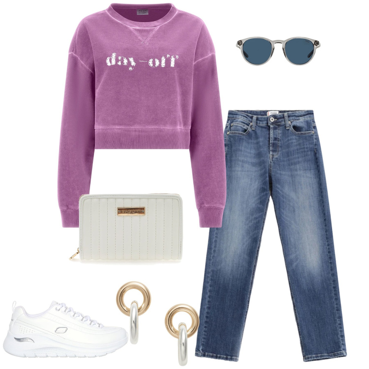 Outfit donna - Day-Off Vibes. Stile Casual chic per Tutti i giorni. Abbinamento con felpe, jeans, occhiali da sole, orecchini, sneakers, portafogli.