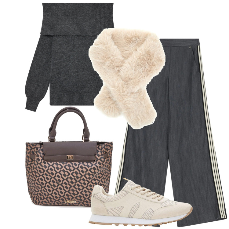 Outfit donna - Sporty chic. Stile Sporty chic per Tutti i giorni. Abbinamento con sneakers, maglieria, pantaloni a palazzo, borse a mano, sciarpe.