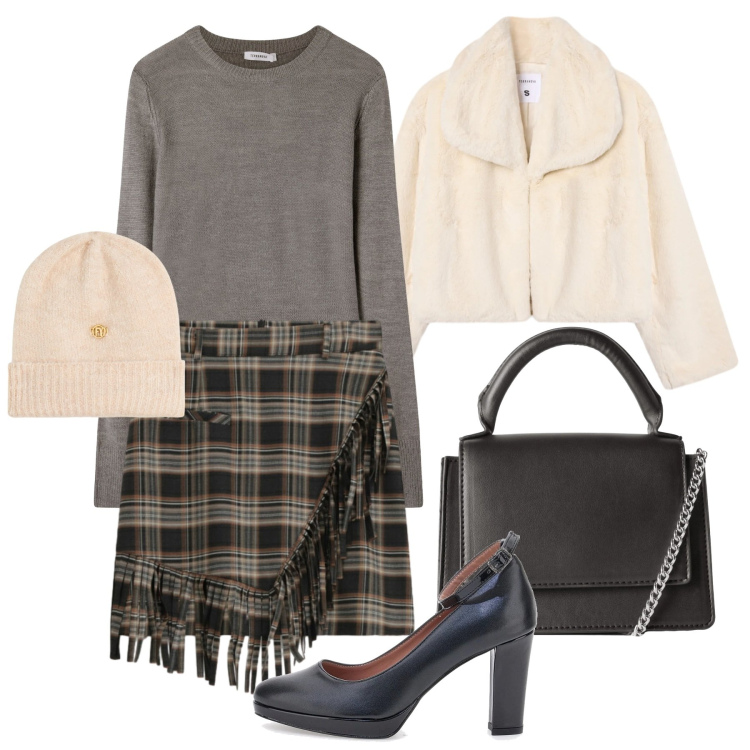 Outfit donna - Febbraio alla caviglia. Stile Bon Ton per Tutti i giorni. Abbinamento con minigonne, borse a tracolla, maglieria, ecopellicce, berretti, décolleté.