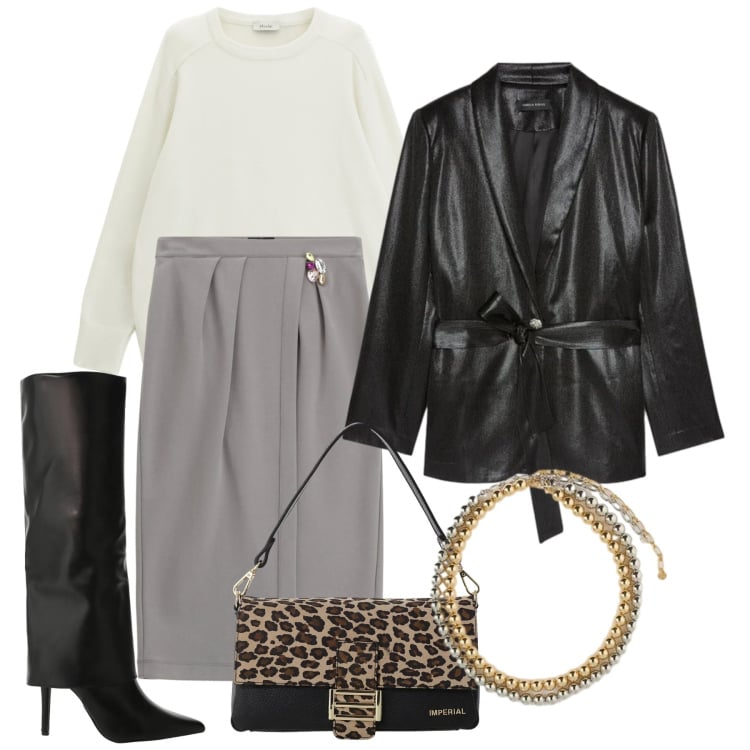 Outfit donna - Febbraio. Stile Chic per Ufficio. Abbinamento con blazer, collane, borse a spalla, stivali, gonne, pullovers.