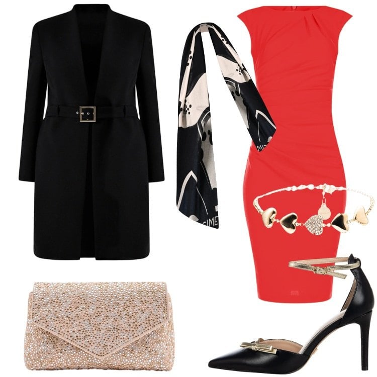 Outfit donna - San Valentino curvy mood Curvy. Stile Chic per Serata fuori. Abbinamento con pochette, sciarpe, vestiti a tubino, décolleté, trench, braccialetti.