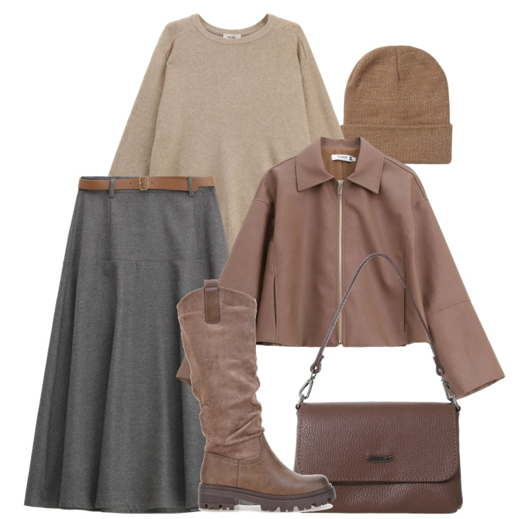 Outfit donna - Febbraio neutro. Stile Bon Ton per Tutti i giorni. Abbinamento con berretti, blazer, gonne lunghe, borse a tracolla, pullovers, stivali.