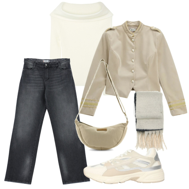 Outfit donna - Febbraio ivory. Stile Casual chic per Tutti i giorni. Abbinamento con maglieria, sneakers, blazer, jeans, borse a tracolla, sciarpe.