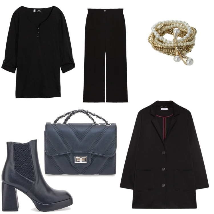 Outfit donna - Rinascita. Stile Casual per Tutti i giorni. Abbinamento con cardigans, cappotti, pantaloni a palazzo, braccialetti, borse a tracolla, stivaletti chelsea.