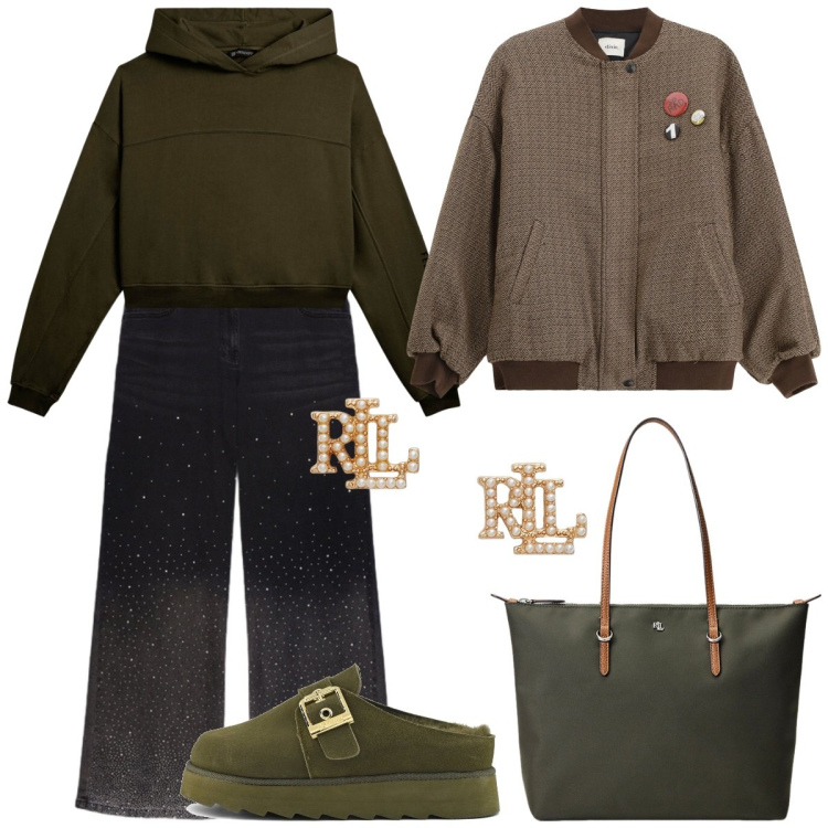 Outfit donna - Comfort a febbraio. Stile Sporty chic per Tutti i giorni. Abbinamento con jeans, bomber, felpe con cappuccio, borse tote, orecchini, sabot.