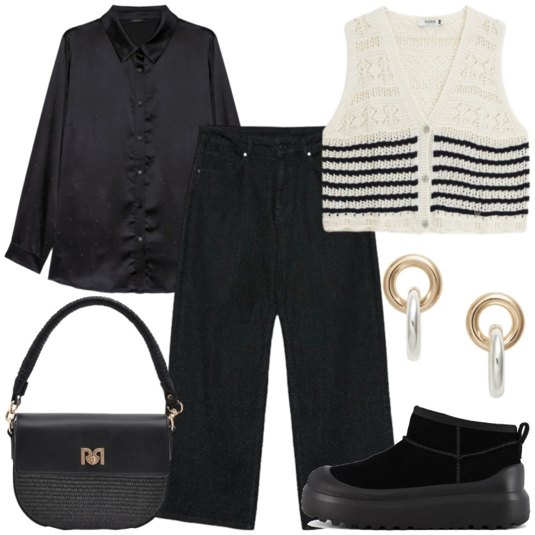 Outfit donna - Camicia e comfort. Stile Casual chic per Tutti i giorni. Abbinamento con camicie, jeans dritti, maglieria, borse a spalla, orecchini, stivali.