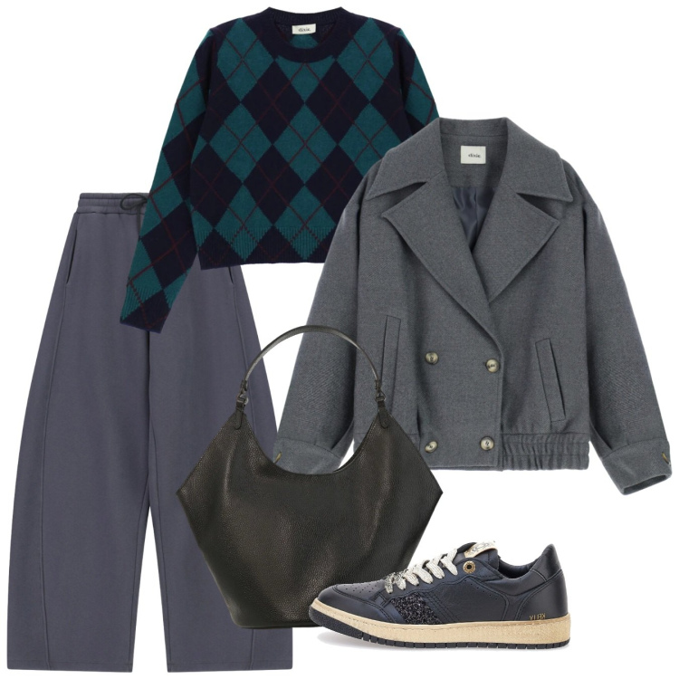 Outfit donna - Febbraio basic. Stile Basic per Tutti i giorni. Abbinamento con pantaloni a palazzo, cappotti, borse a spalla, maglieria, sneakers.