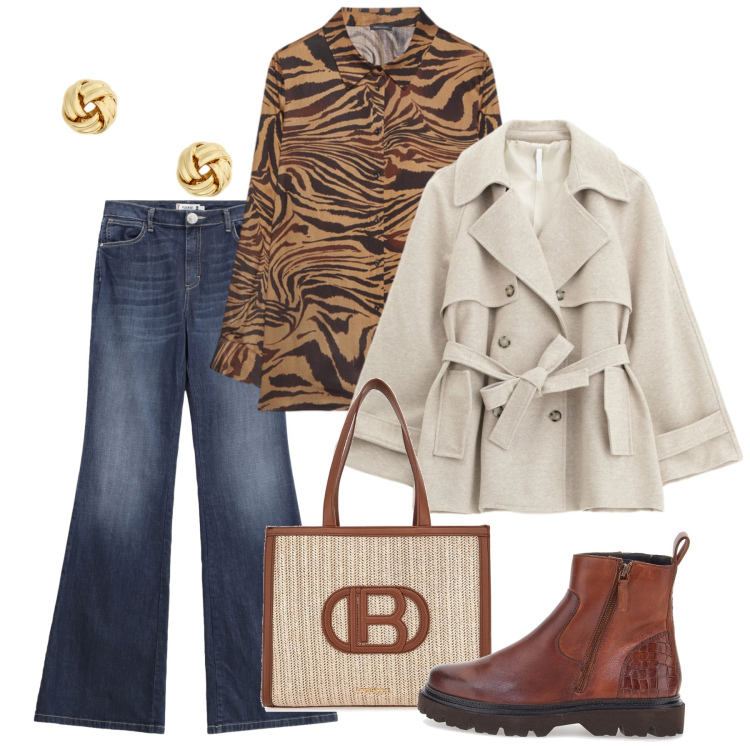 Outfit donna - Febbraio animalier touch. Stile Casual chic per Tutti i giorni. Abbinamento con trench, camicie, jeans a zampa, orecchini, stivaletti, borse a spalla.