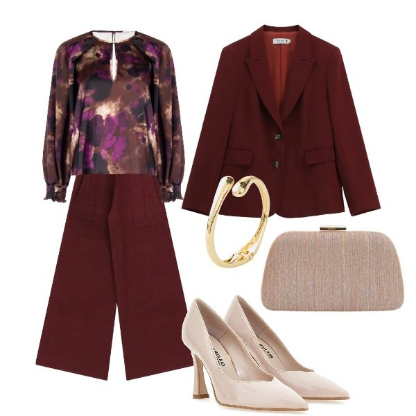 Outfit donna - san valentino. Stile Casual chic per Serata fuori. Abbinamento con braccialetti, blazer, pantaloni a palazzo, pochette, bluse, décolleté.