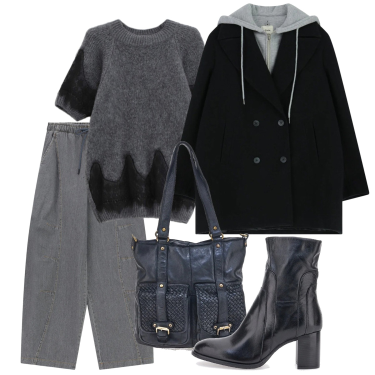 Outfit donna - Febbraio. Stile Urban per Tutti i giorni. Abbinamento con pantaloni a palazzo, piumini, maglieria, borse a spalla, stivaletti.