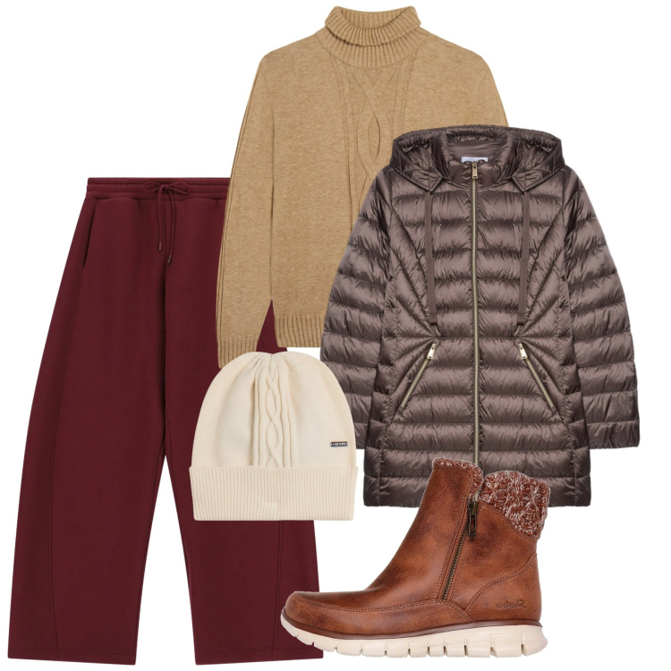 Outfit donna - Febbraio in montagna. Stile Basic per Tutti i giorni. Abbinamento con pantaloni a palazzo, piumini, maglieria, berretti, stivaletti.