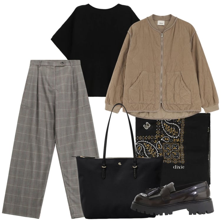 Outfit donna - Febbraio. Stile Bon Ton per Ufficio. Abbinamento con pantaloni a palazzo, maglieria, borse tote, mocassini, foulard, giacche.