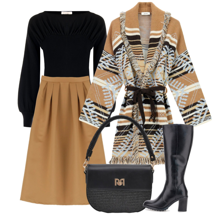 Outfit donna - Febbraio cardigan. Stile Bon Ton per Tutti i giorni. Abbinamento con borse a spalla, maglieria, cardigans, gonne lunghe, stivali sopra il ginocchio.