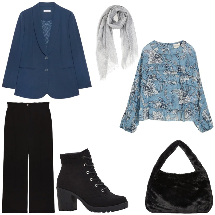 Outfit donna - Rinascita 2. Stile Casual chic per Tutti i giorni. Abbinamento con stivaletti, bluse, blazer, borse a spalla, pantaloni a palazzo, foulard.