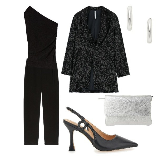 Outfit donna - cena speciale. Stile Sexy per Serata fuori. Abbinamento con top, blazer, pantaloni, borse a spalla, orecchini, décolleté.
