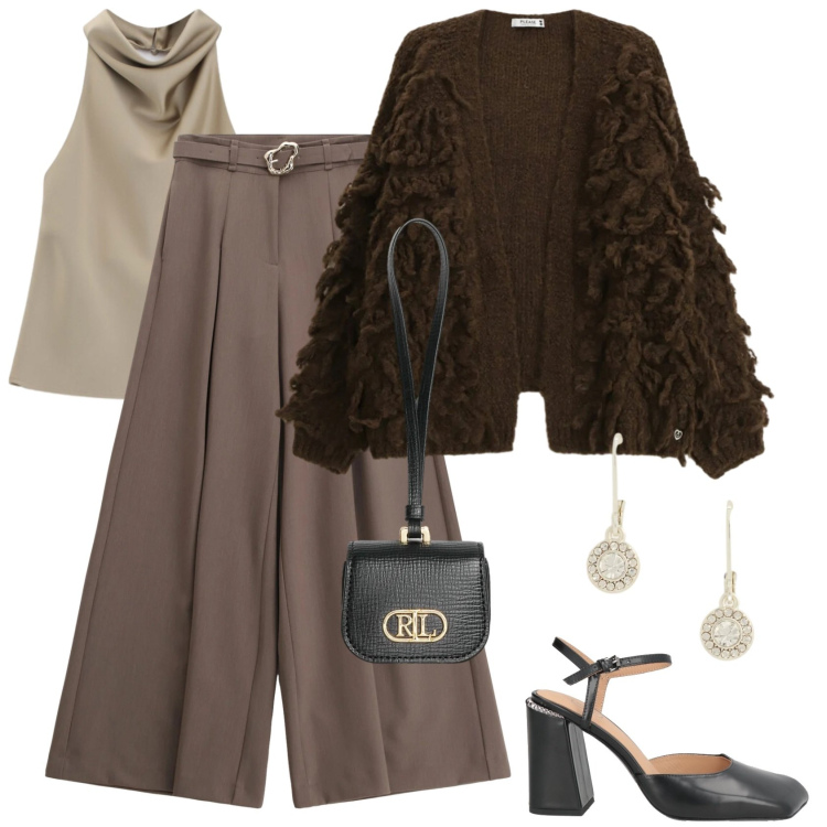 Outfit donna - Elegance for everyday. Stile Casual chic per Tutti i giorni. Abbinamento con décolleté, top, pantaloni, cardigans, orecchini, pochette.