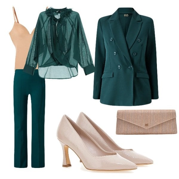 Outfit donna - al Panorama. Stile Chic per Serata fuori. Abbinamento con body, pochette, blazer, pantaloni a palazzo, bluse, décolleté.
