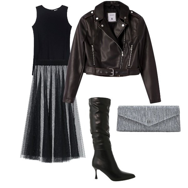 Outfit donna - con il tulle. Stile Rock per Serata fuori. Abbinamento con stivali sopra il ginocchio, giacche, gonne lunghe, pochette, top.