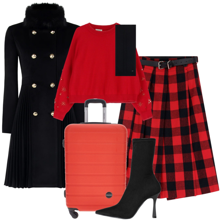 Outfit donna - Febbraio. Stile Glamour per Tutti i giorni. Abbinamento con stivaletti, maglieria, gonne, sciarpe, cappotti, valigie.