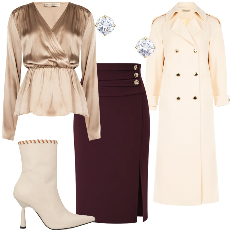 Outfit donna - Total look #2337424. Stile Chic per Serata fuori. Abbinamento con stivaletti, cappotti, bluse, gonne longuette, orecchini.