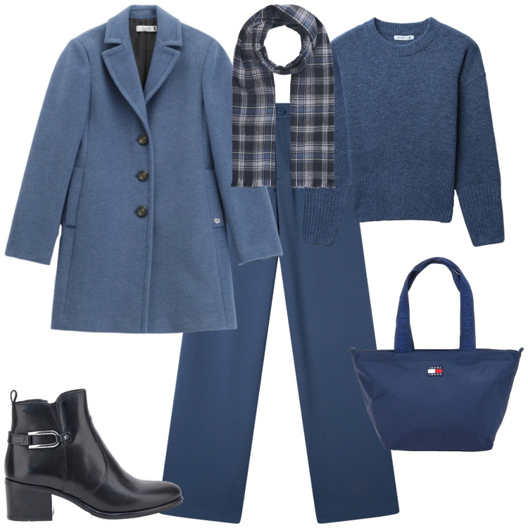 Outfit donna - Trendy ufficio tempo libero. Stile Trendy per Tutti i giorni. Abbinamento con pantaloni, sciarpe, maglieria, cappotti, stivaletti, borse tote.