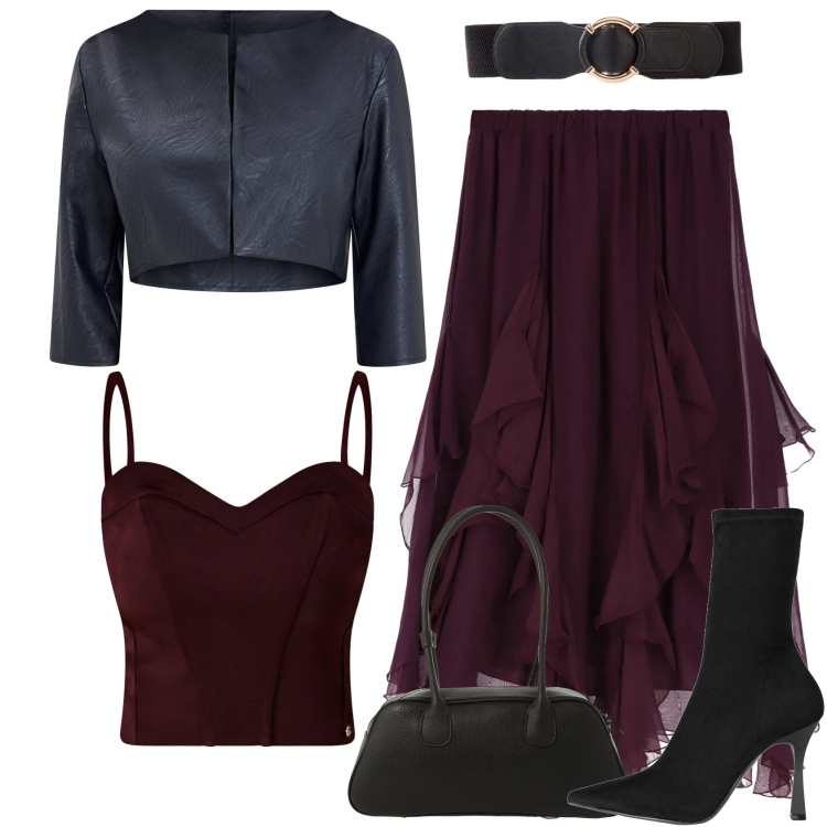 Outfit donna - Rock chic in love. Stile Chic per Serata fuori. Abbinamento con cinture, stivaletti, gonne longuette, borse a mano, bolero, top.